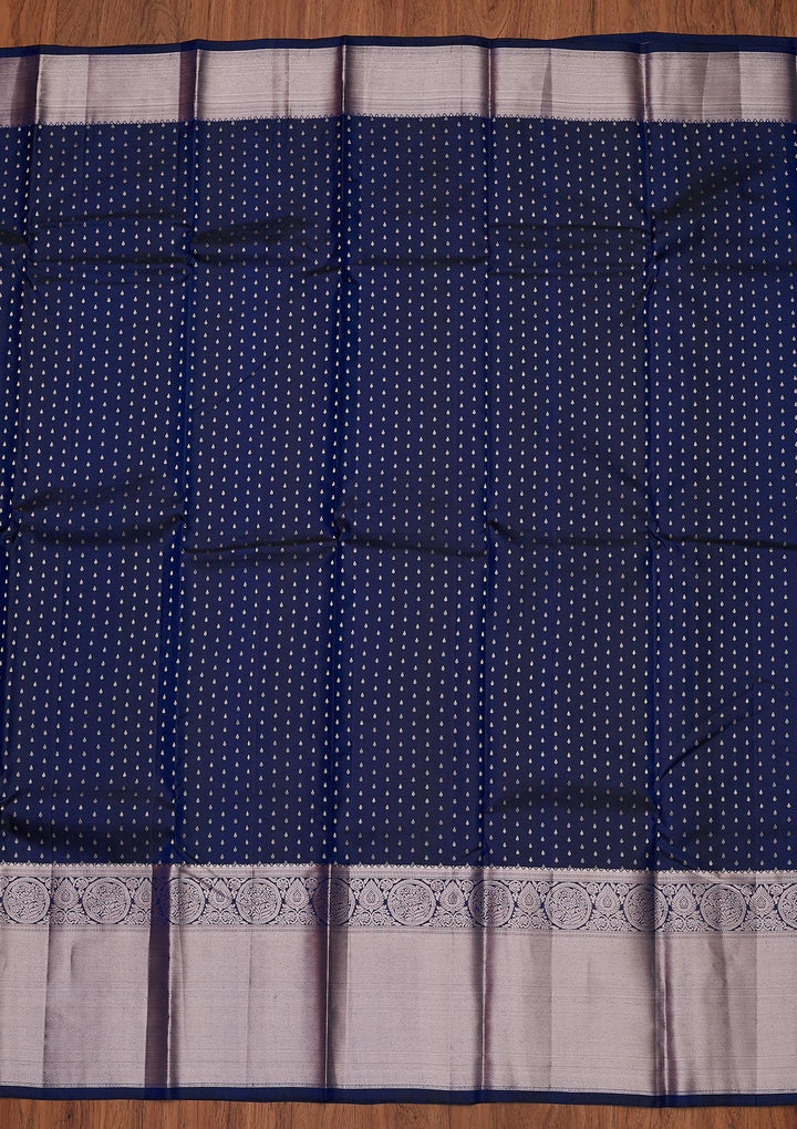 Navy Blue Zariwork Pure Silk Designer Unstitched Saree - Koskii