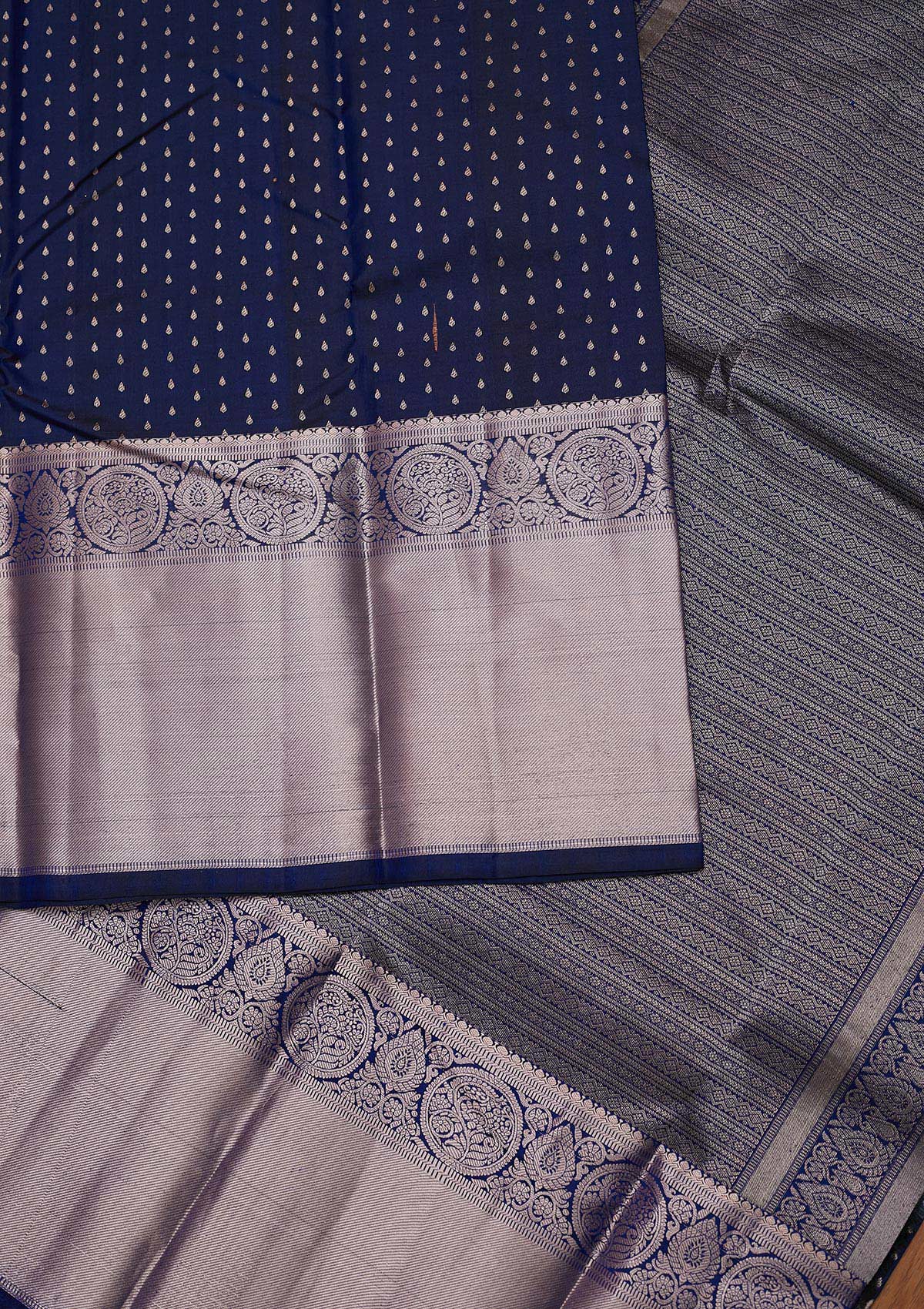 Navy Blue Zariwork Pure Silk Designer Unstitched Saree - Koskii