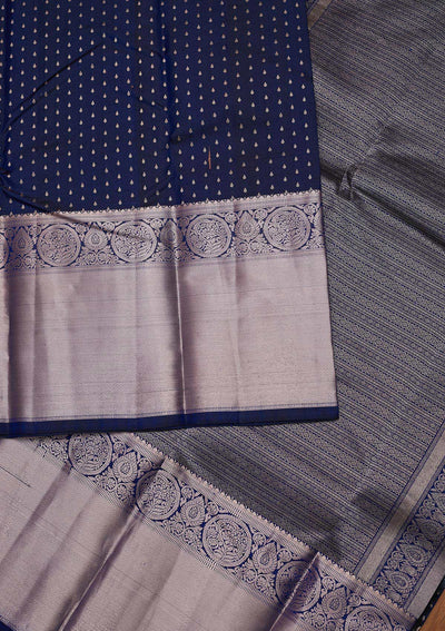 Navy Blue Zariwork Pure Silk Designer Unstitched Saree - Koskii