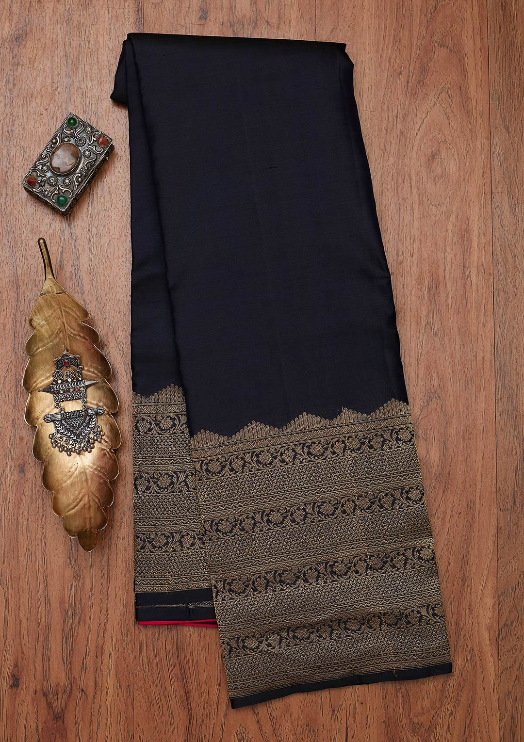 Navy Blue Zariwork Pure Silk Designer Unstitched Saree - Koskii