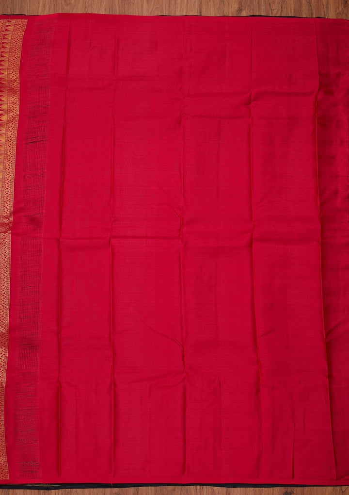 Navy Blue Zariwork Pure Silk Designer Unstitched Saree - Koskii