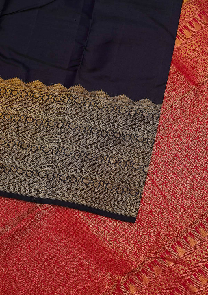 Navy Blue Zariwork Pure Silk Designer Unstitched Saree - Koskii