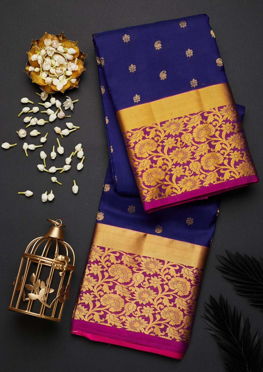 Navy Blue Zariwork Pure Silk Designer Saree - Koskii