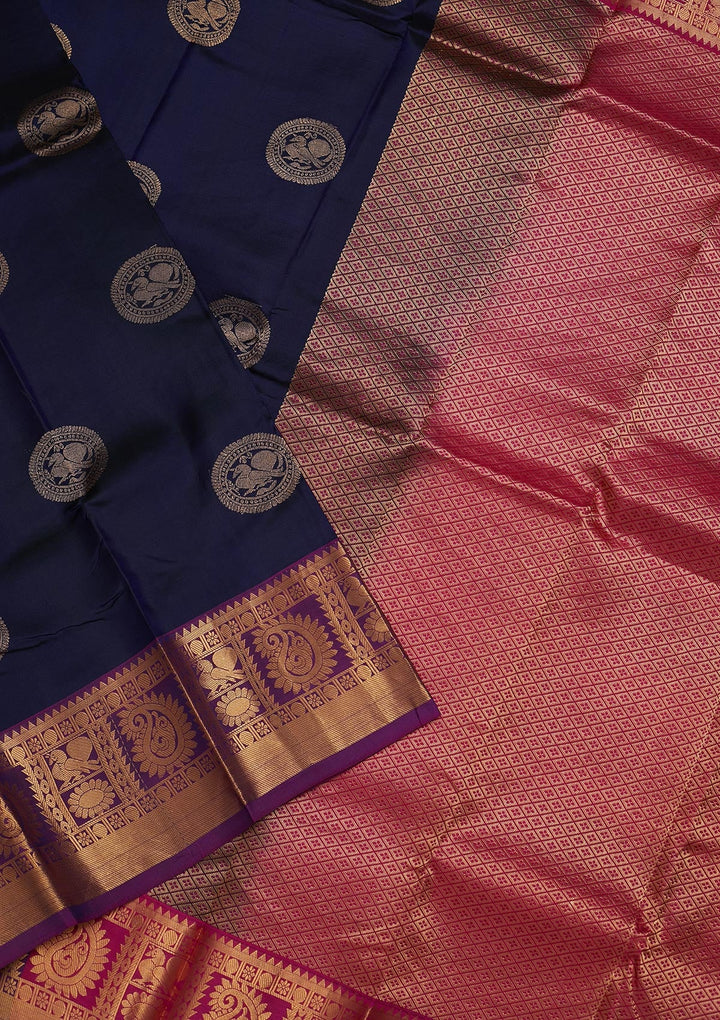 Navy Blue Zariwork Pure Silk Saree-Koskii