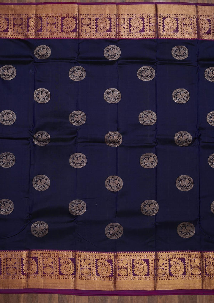 Navy Blue Zariwork Pure Silk Saree-Koskii