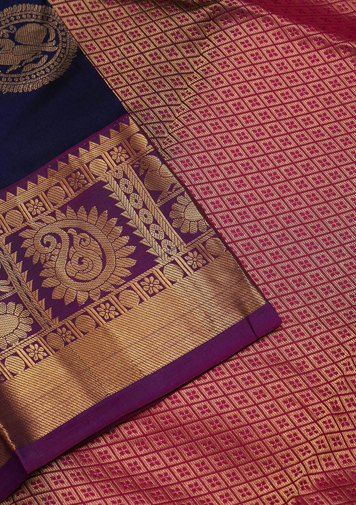 Navy Blue Zariwork Pure Silk Saree-Koskii