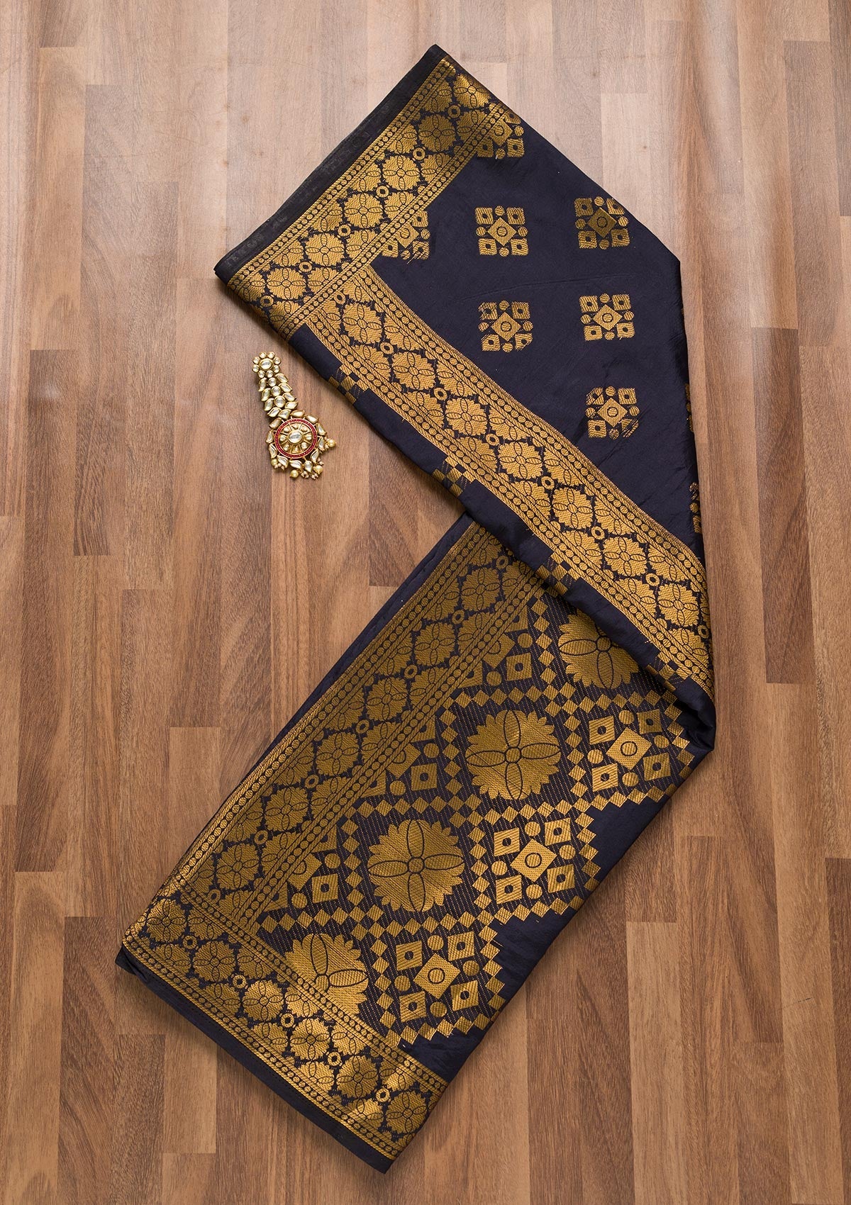 Navy Blue Zariwork Raw Silk Dupatta-Koskii