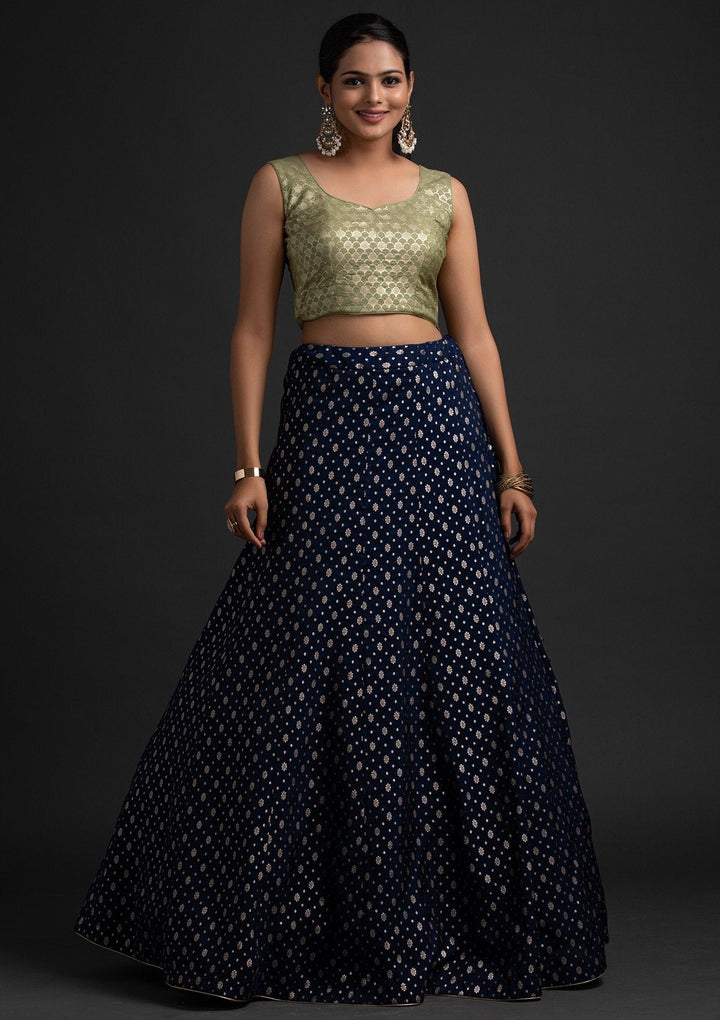 Navy Blue Zariwork Raw Silk Designer Skirt - koskii