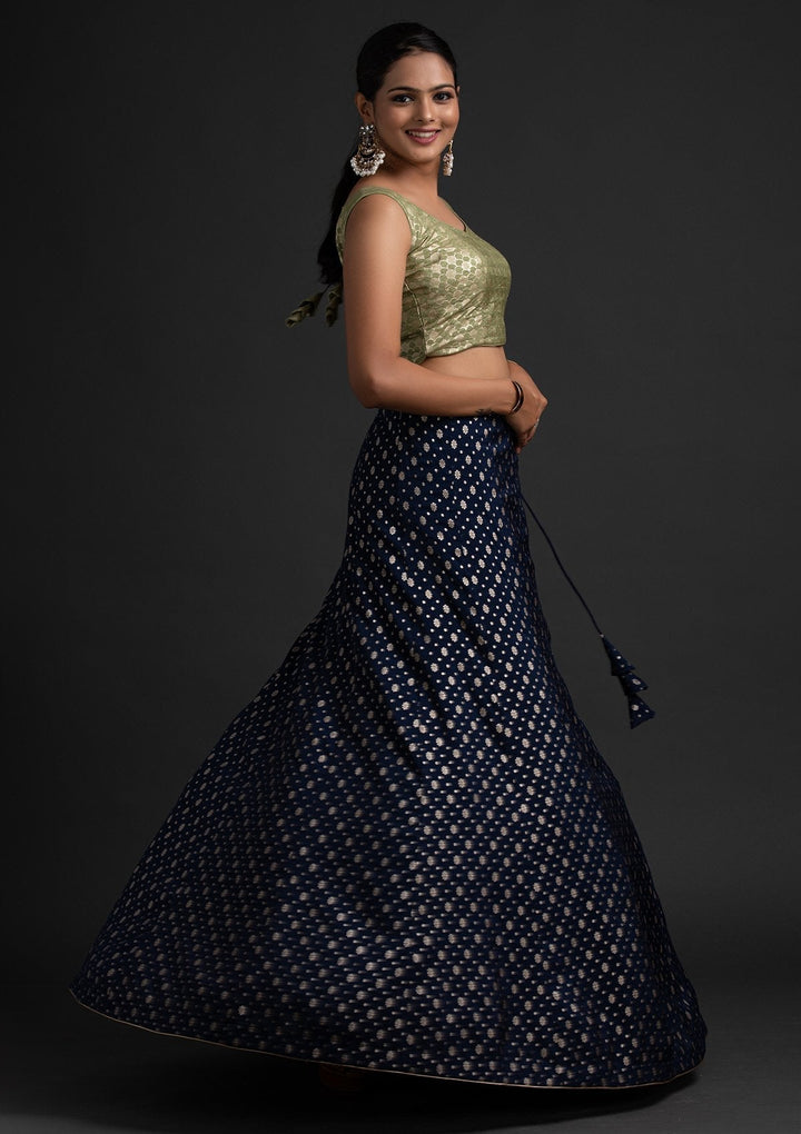 Navy Blue Zariwork Raw Silk Designer Skirt - koskii
