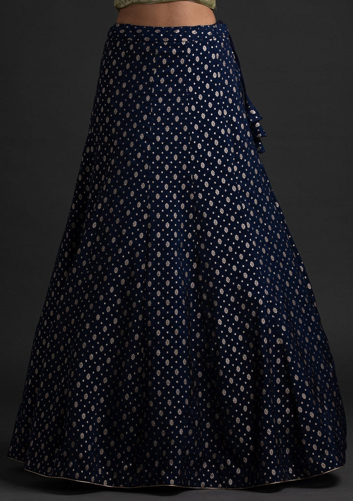 Navy Blue Zariwork Raw Silk Designer Skirt - koskii