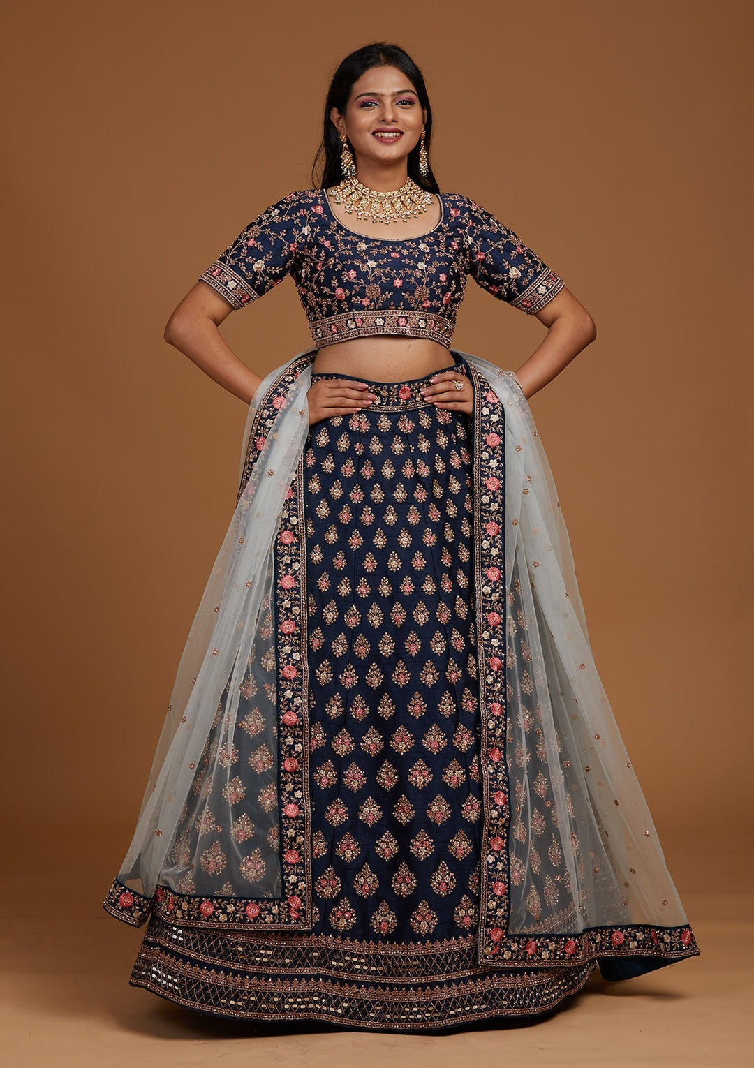 Navy Blue Zariwork Raw Silk Designer Lehenga-Koskii