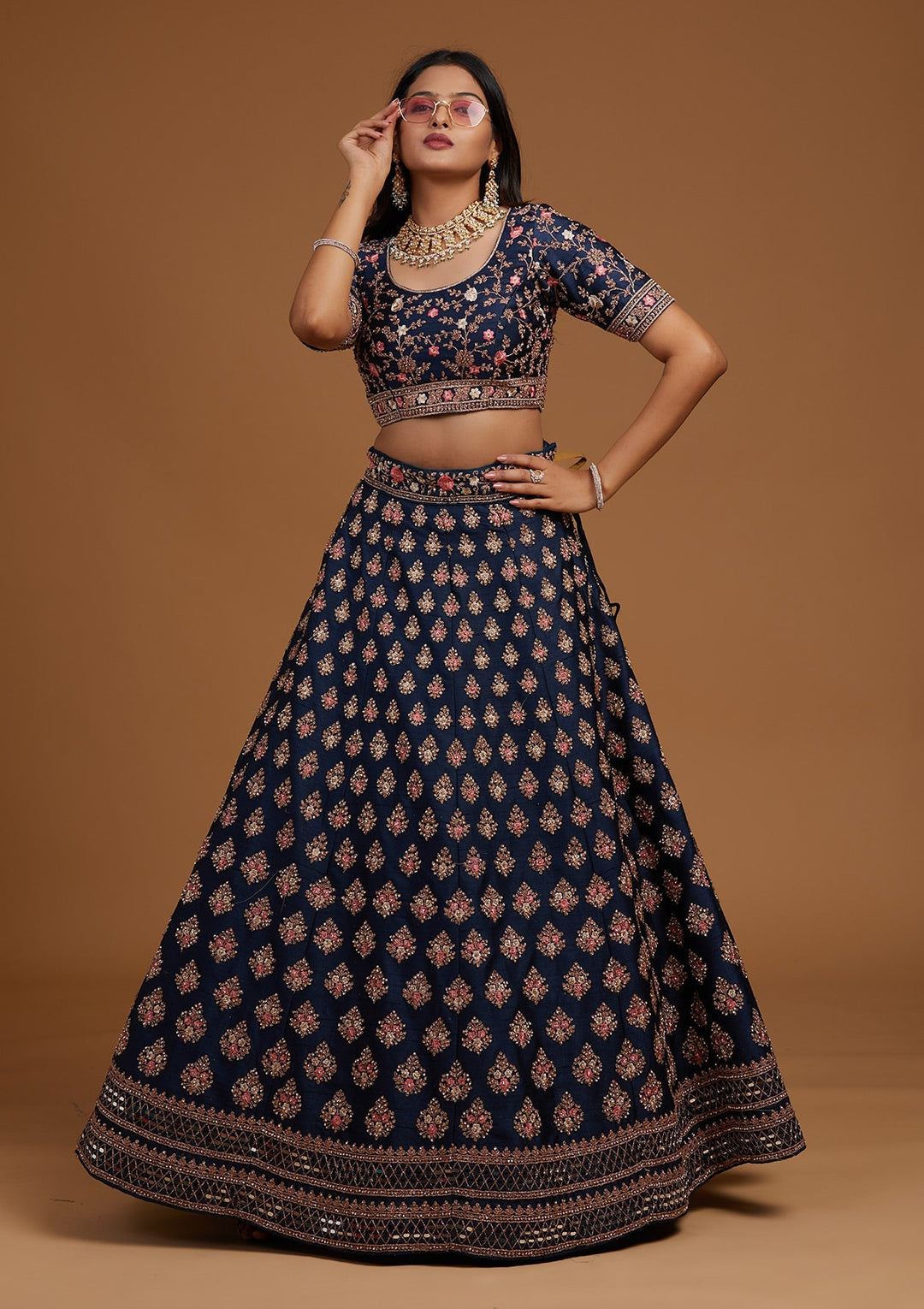 Navy Blue Zariwork Raw Silk Designer Lehenga-Koskii