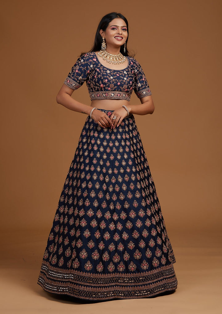 Navy Blue Zariwork Raw Silk Designer Lehenga-Koskii