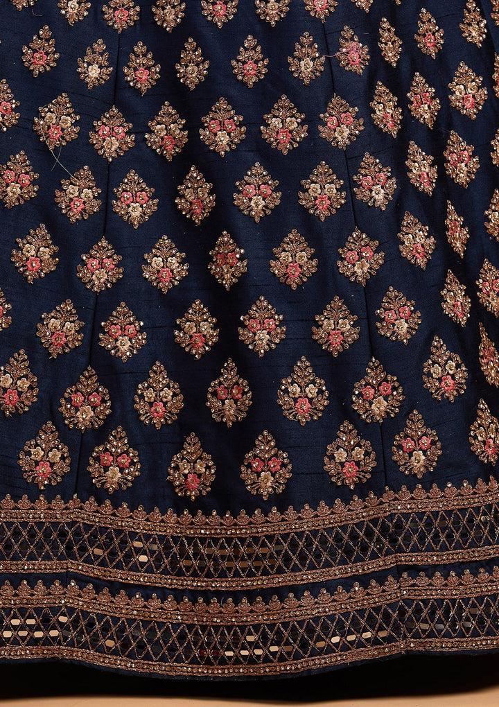 Navy Blue Zariwork Raw Silk Designer Lehenga-Koskii