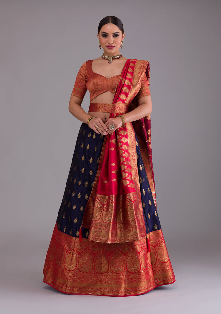 Navy Blue Zariwork Raw Silk Designer Lehenga-Koskii
