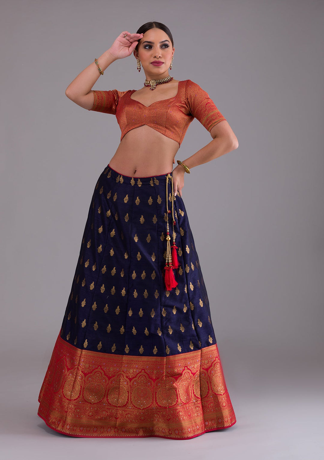 Navy Blue Zariwork Raw Silk Designer Lehenga-Koskii