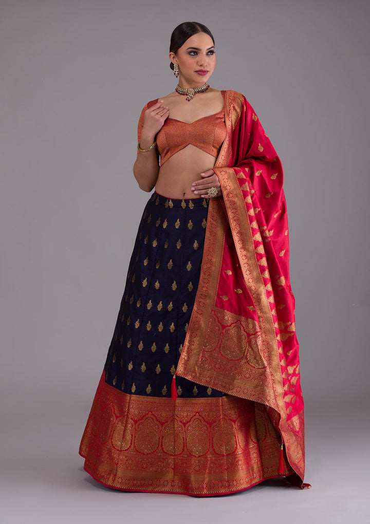 Navy Blue Zariwork Raw Silk Designer Lehenga-Koskii