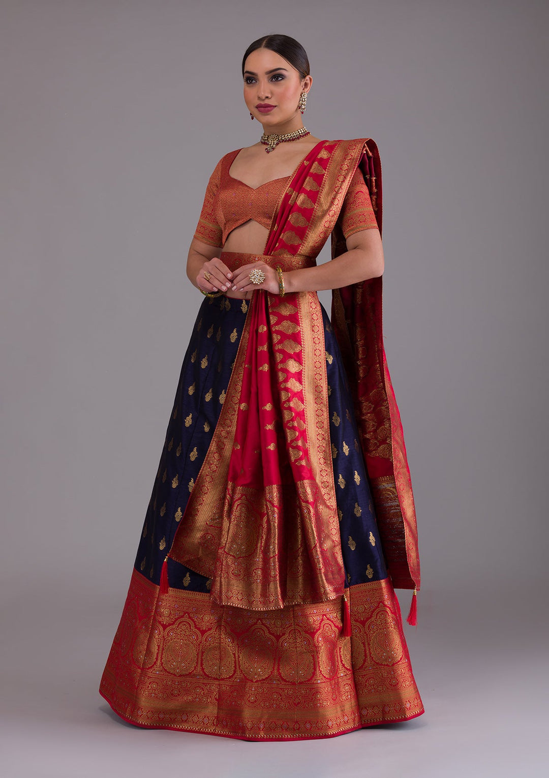 Navy Blue Zariwork Raw Silk Designer Lehenga-Koskii