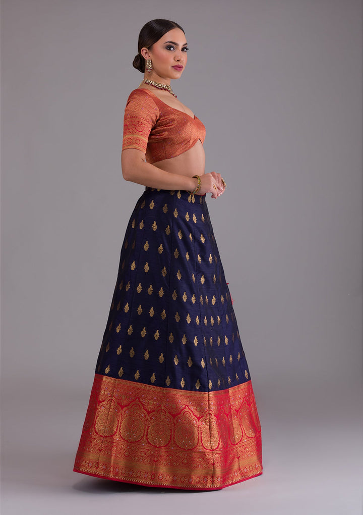 Navy Blue Zariwork Raw Silk Designer Lehenga-Koskii