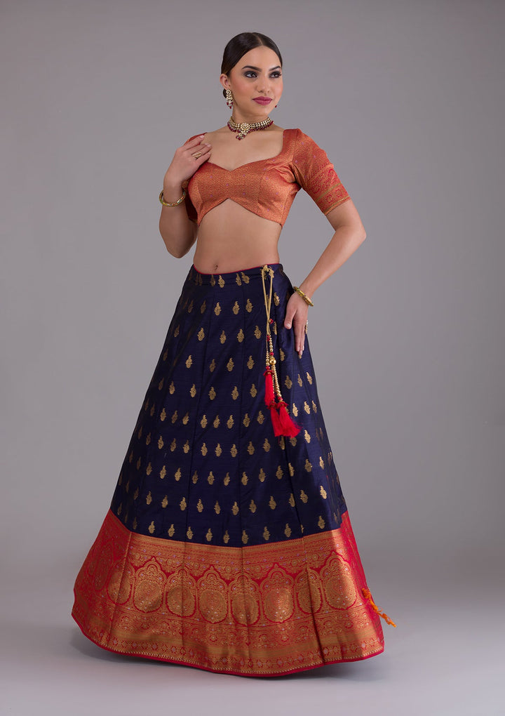Navy Blue Zariwork Raw Silk Designer Lehenga-Koskii