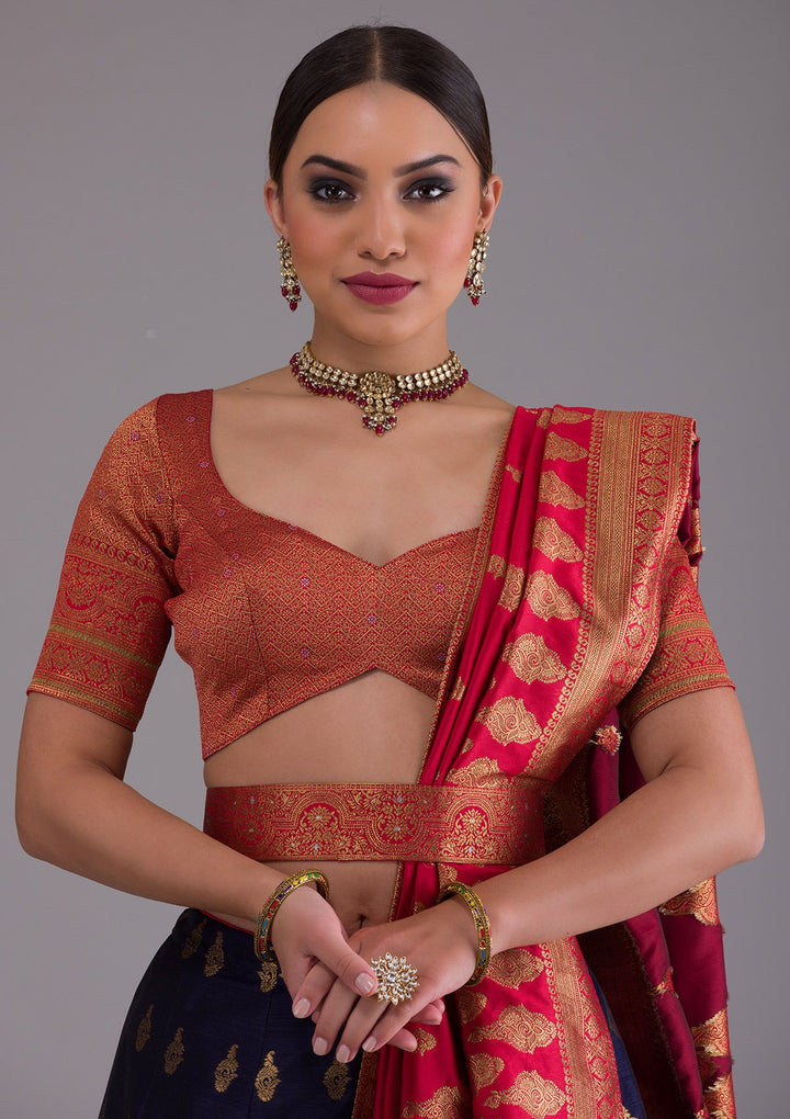 Navy Blue Zariwork Raw Silk Designer Lehenga-Koskii