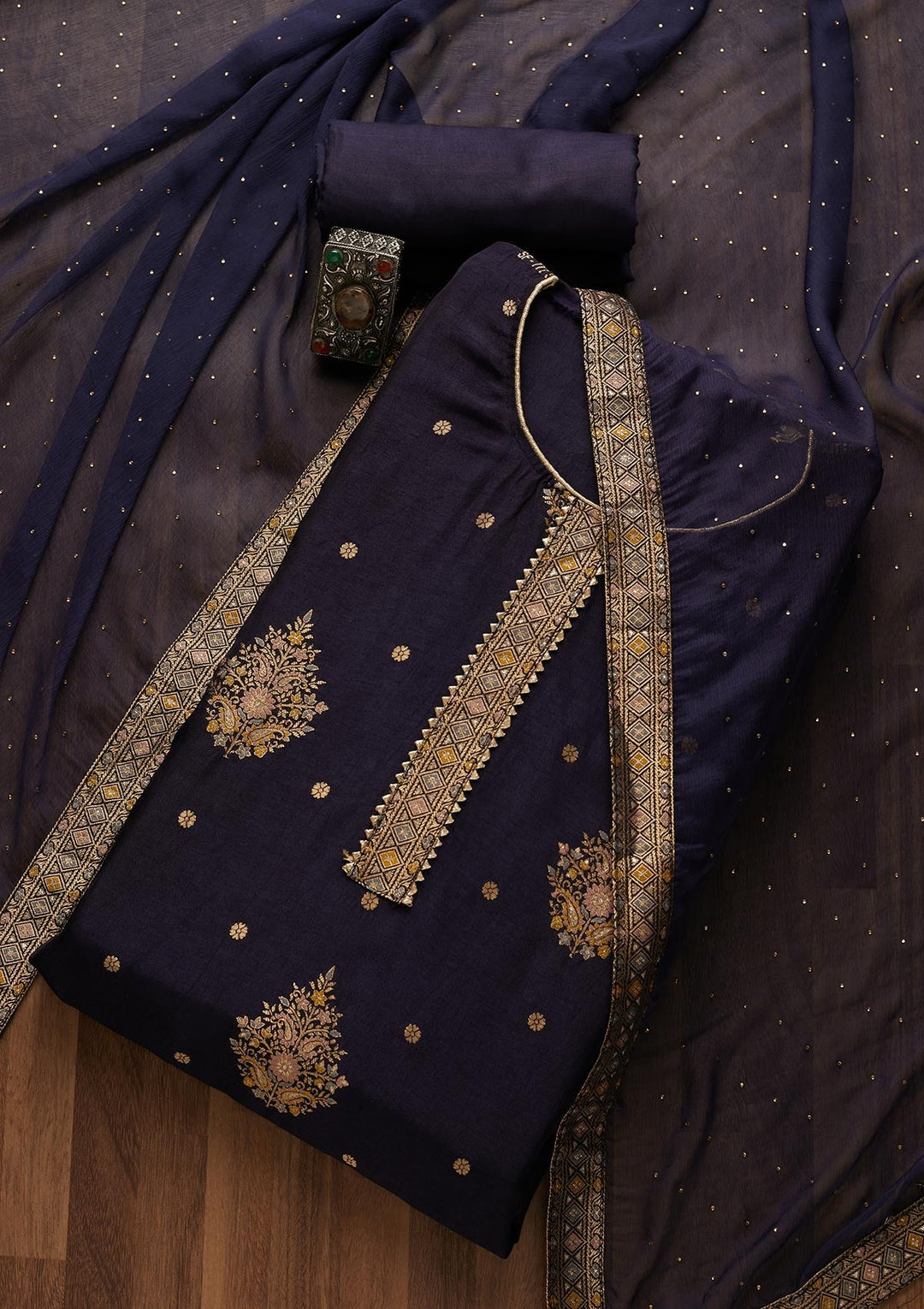 Navy Blue Zariwork Raw Silk Semi-Stitched Salwar Suit-Koskii
