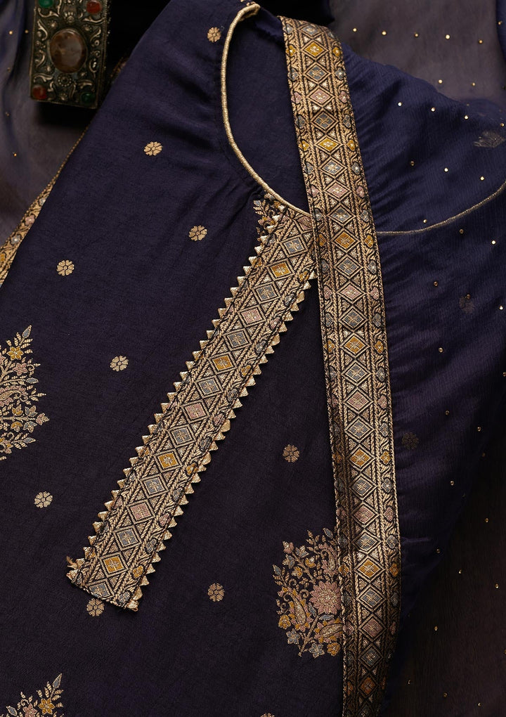 Navy Blue Zariwork Raw Silk Semi-Stitched Salwar Suit-Koskii