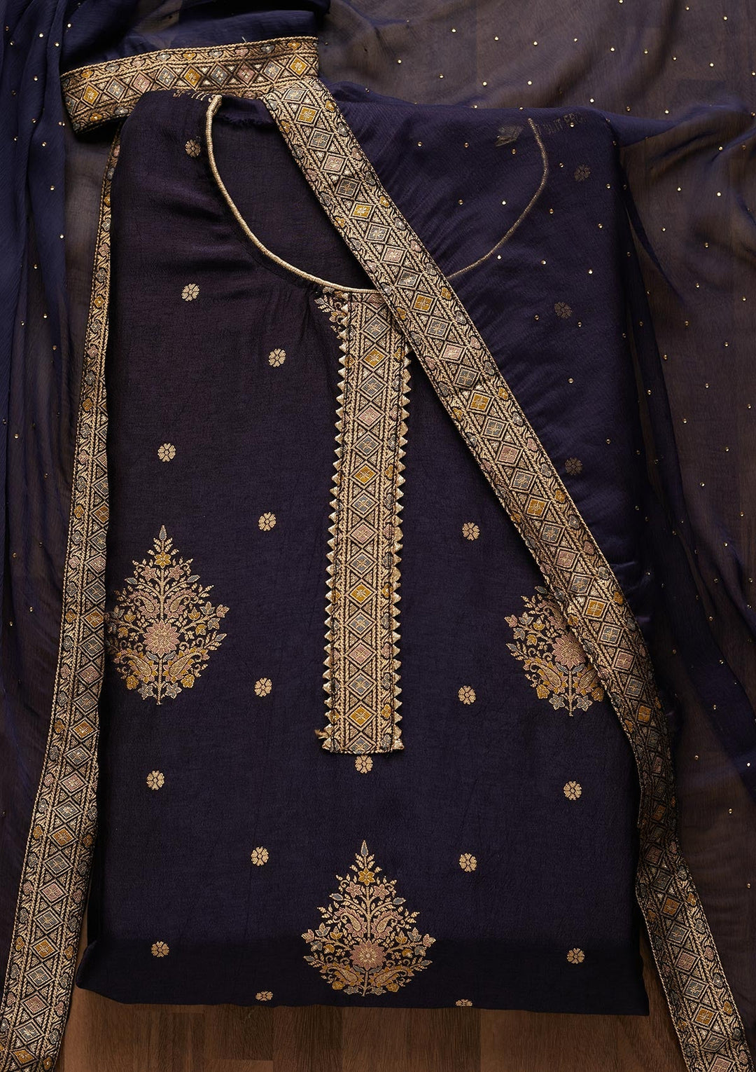 Navy Blue Zariwork Raw Silk Semi-Stitched Salwar Suit-Koskii
