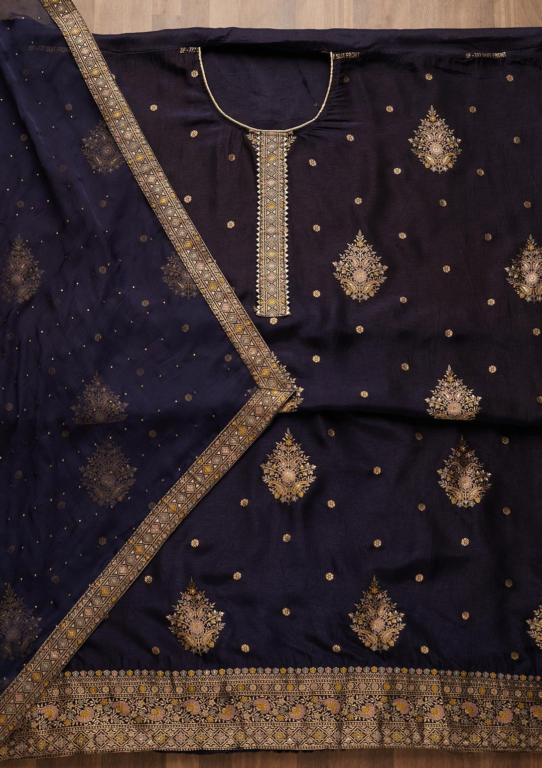 Navy Blue Zariwork Raw Silk Semi-Stitched Salwar Suit-Koskii