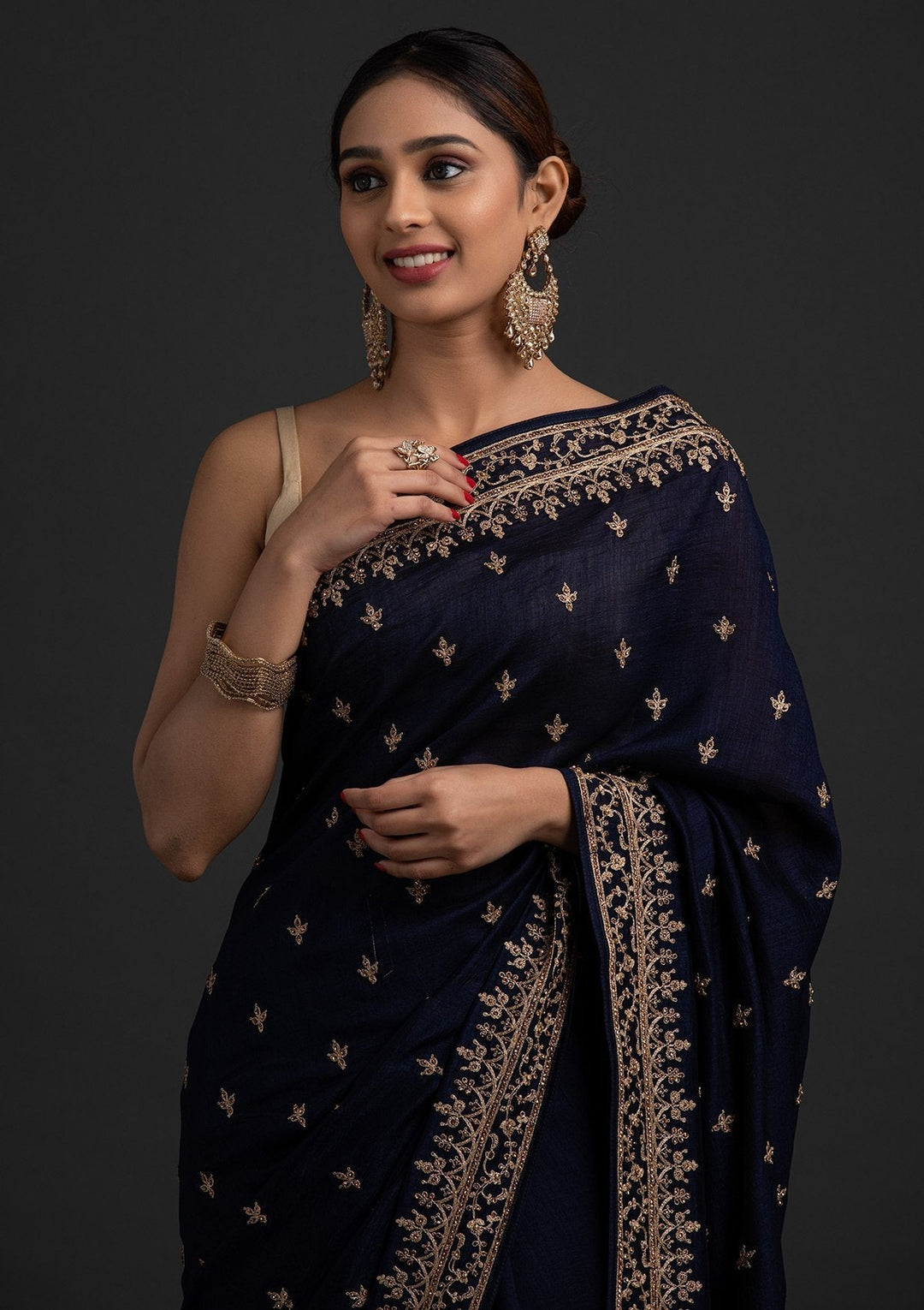 Navy Blue Zariwork Raw Silk Designer Saree - koskii