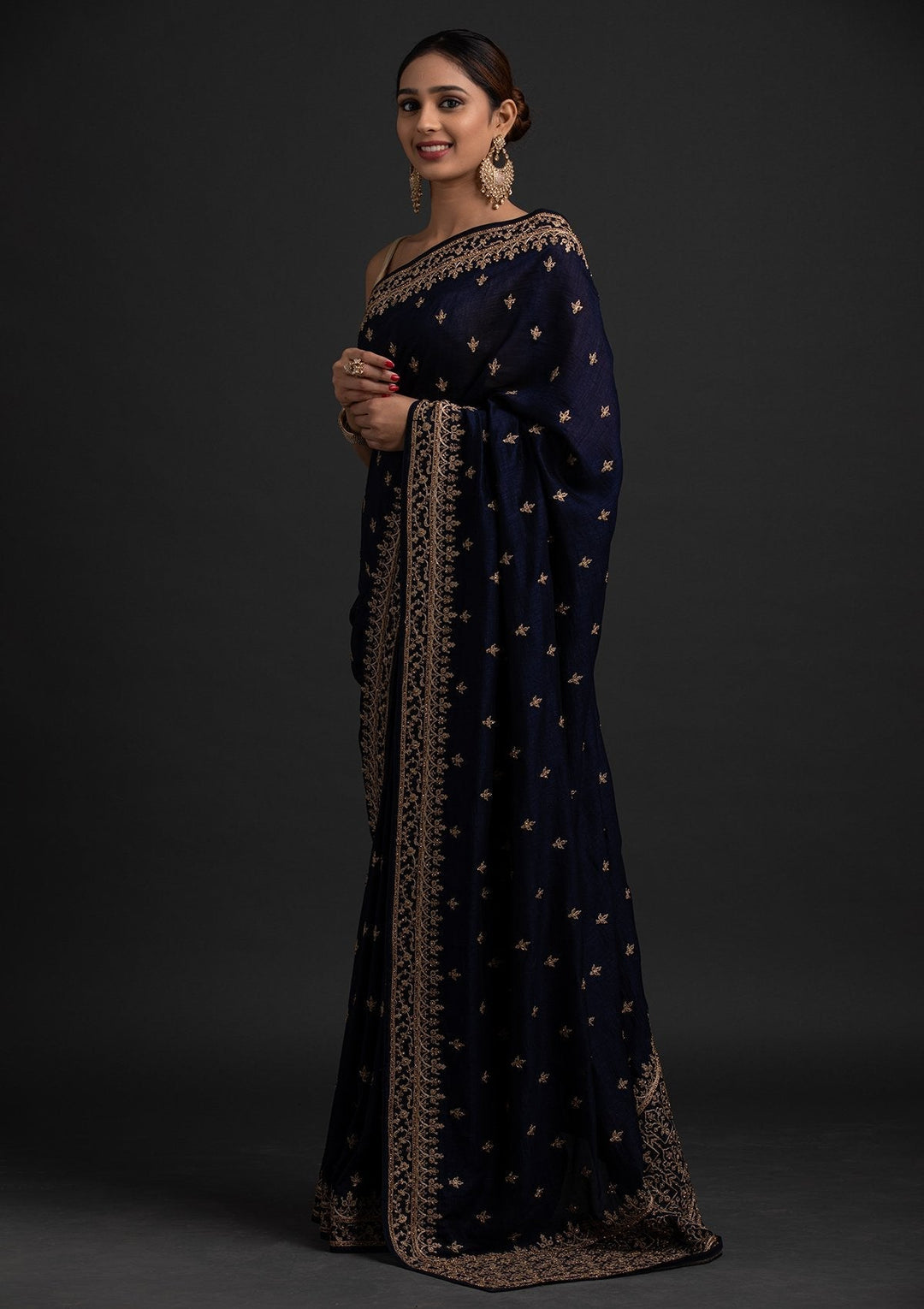 Navy Blue Zariwork Raw Silk Designer Saree - koskii