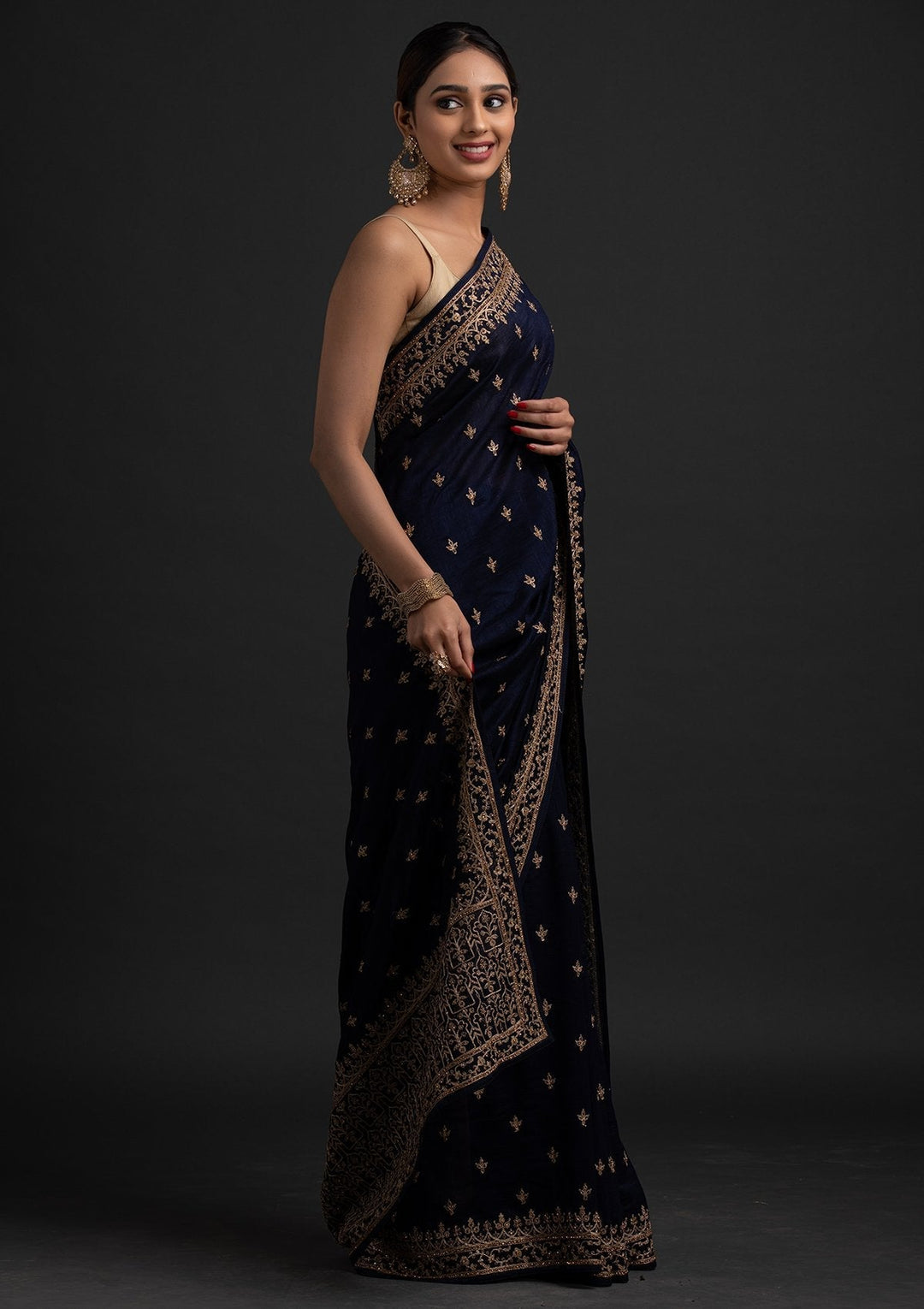Navy Blue Zariwork Raw Silk Designer Saree - koskii