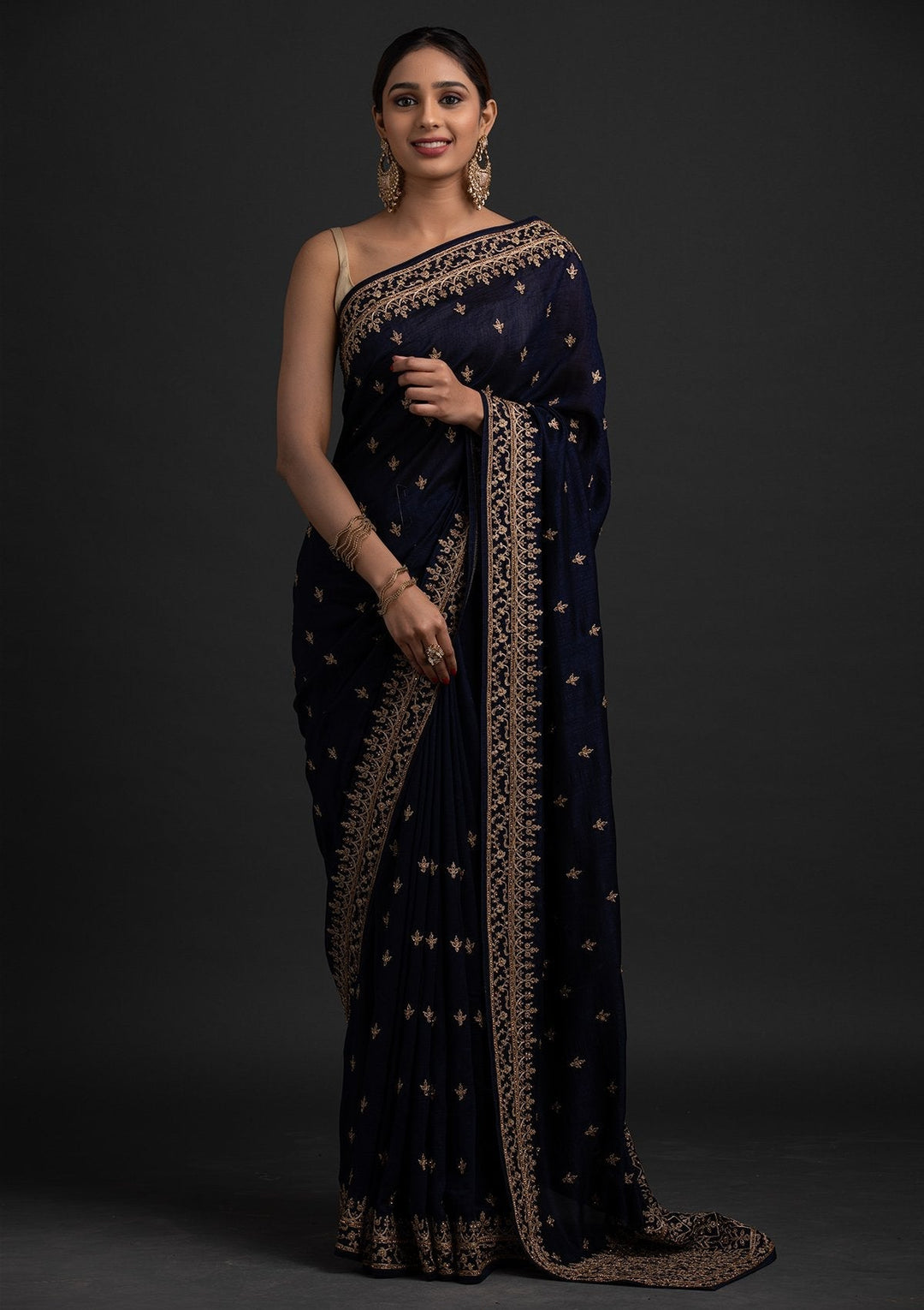 Navy Blue Zariwork Raw Silk Designer Saree - koskii