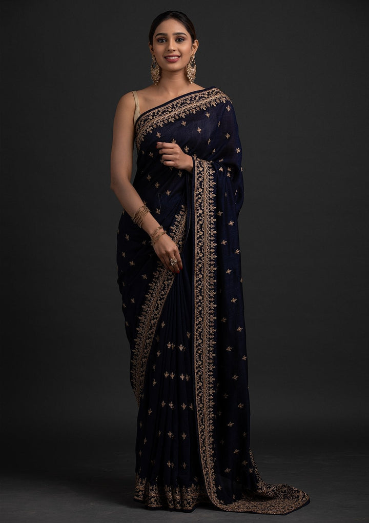 Navy Blue Zariwork Raw Silk Designer Saree - koskii