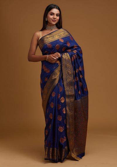 Navy Blue Zariwork Raw Silk Designer Saree - Koskii