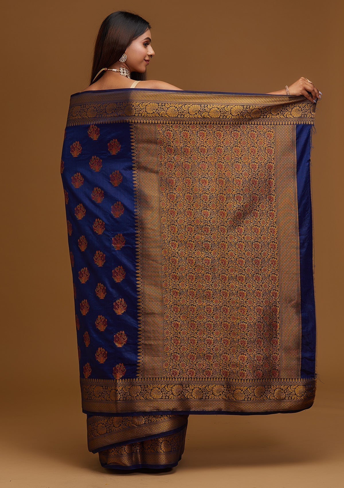 Navy Blue Zariwork Raw Silk Designer Saree - Koskii