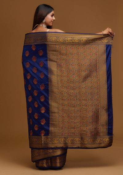 Navy Blue Zariwork Raw Silk Designer Saree - Koskii