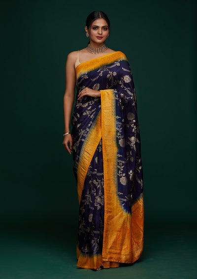Navy Blue Zariwork Raw Silk Designer Saree - Koskii