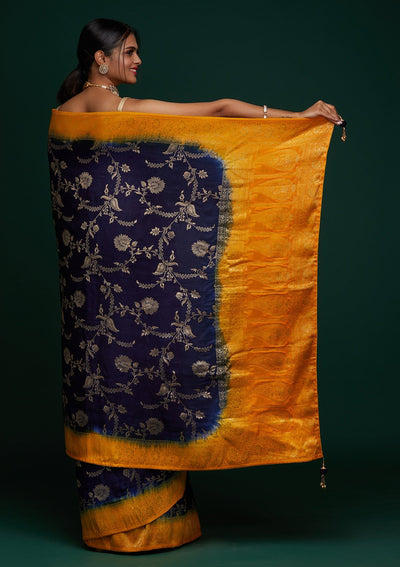 Navy Blue Zariwork Raw Silk Designer Saree - Koskii