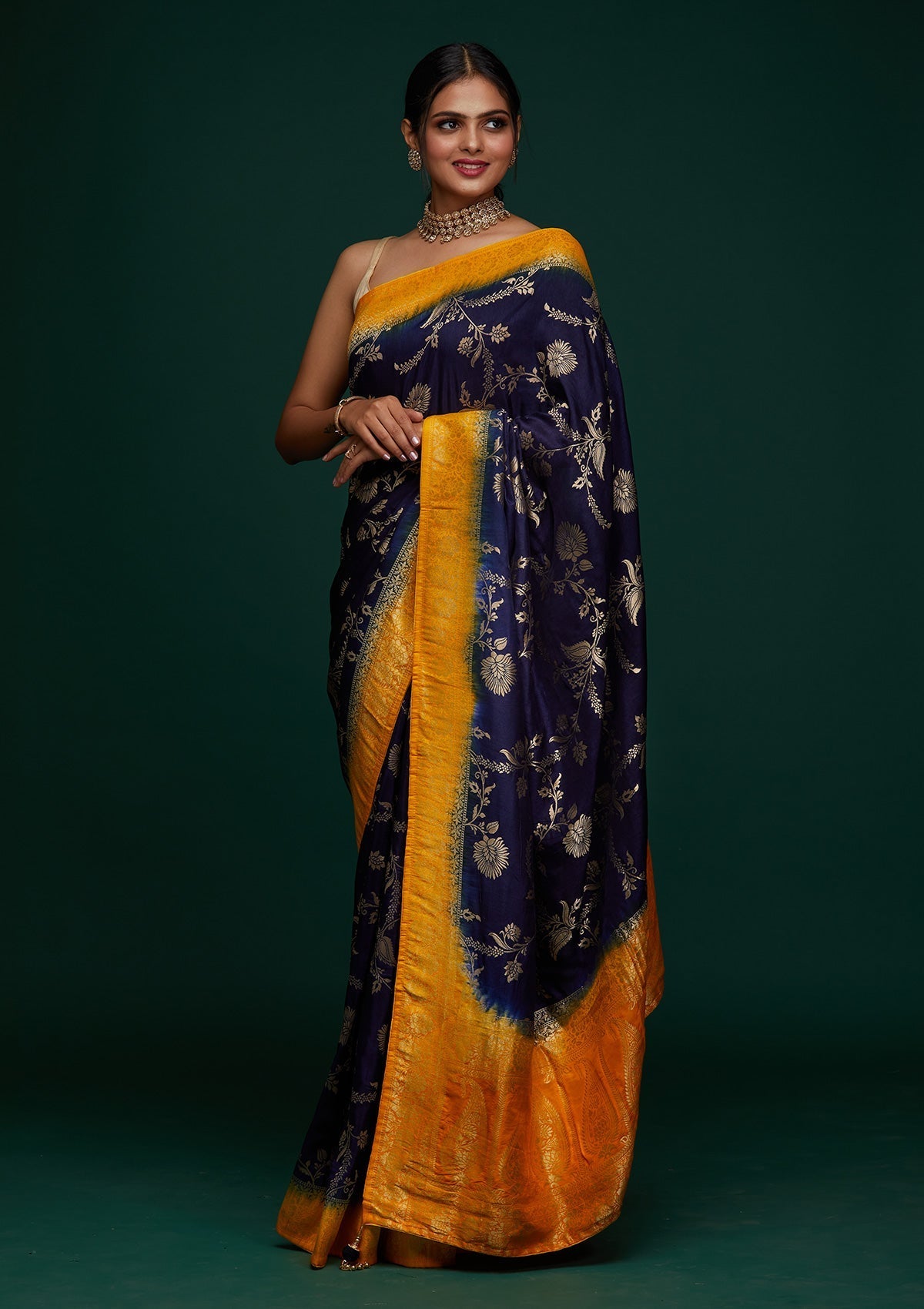 Navy Blue Zariwork Raw Silk Designer Saree - Koskii