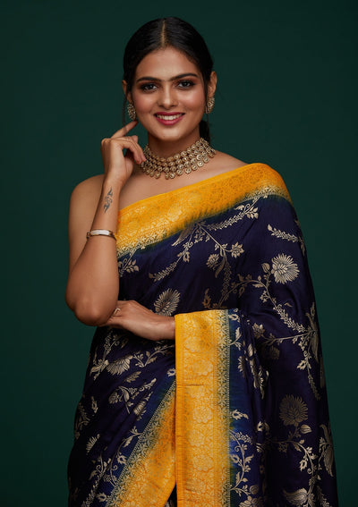 Navy Blue Zariwork Raw Silk Designer Saree - Koskii