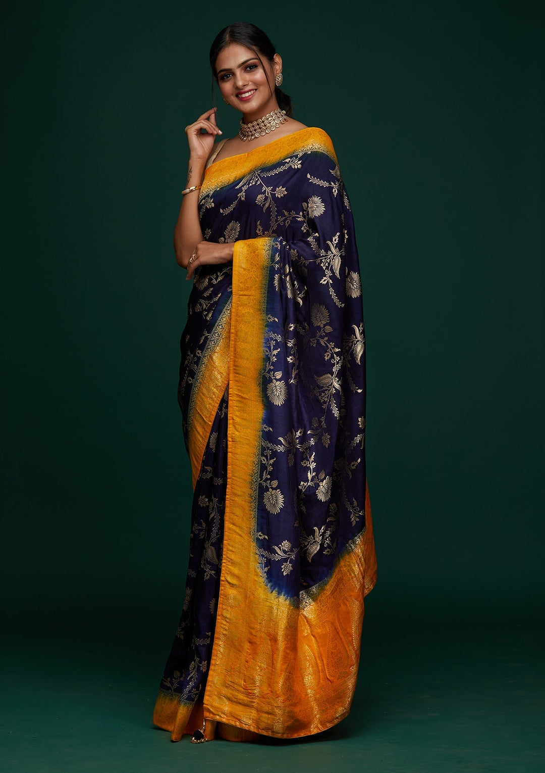 Navy Blue Zariwork Raw Silk Designer Saree - Koskii