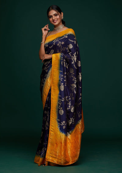 Navy Blue Zariwork Raw Silk Designer Saree - Koskii