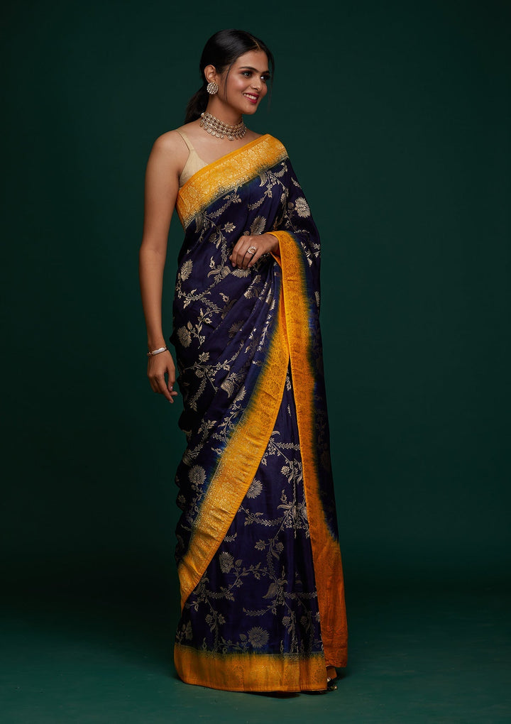 Navy Blue Zariwork Raw Silk Designer Saree - Koskii