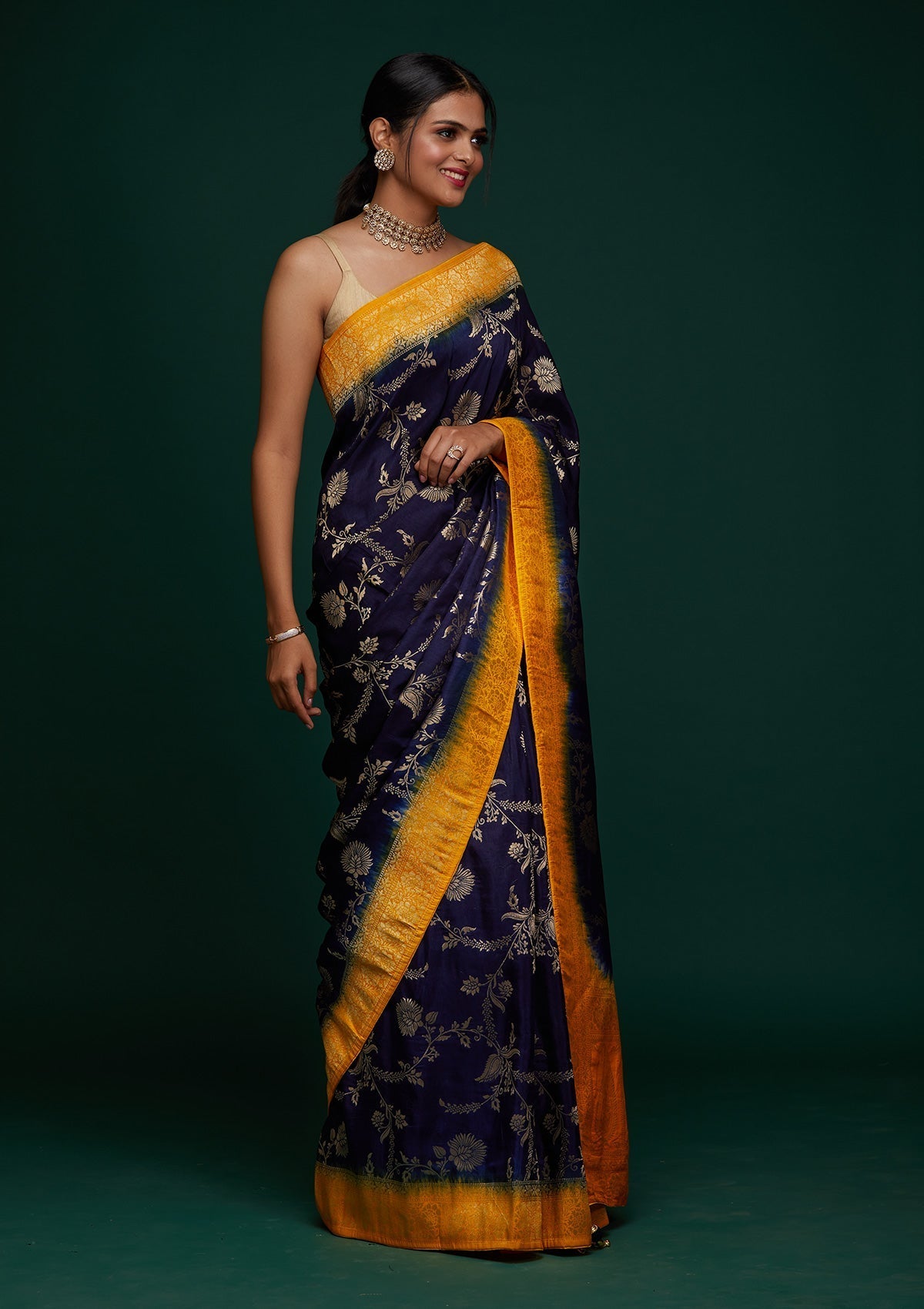 Navy Blue Zariwork Raw Silk Designer Saree - Koskii