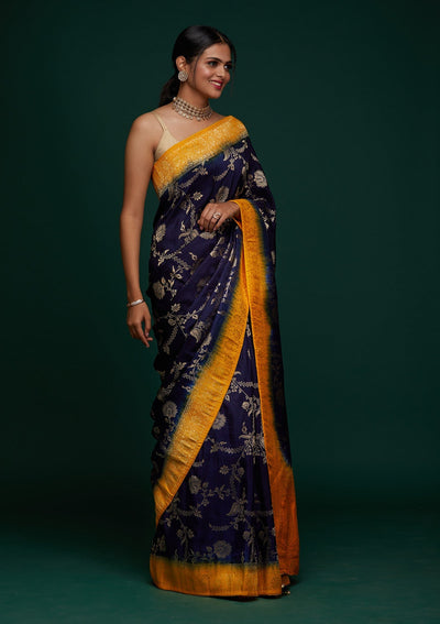 Navy Blue Zariwork Raw Silk Designer Saree - Koskii