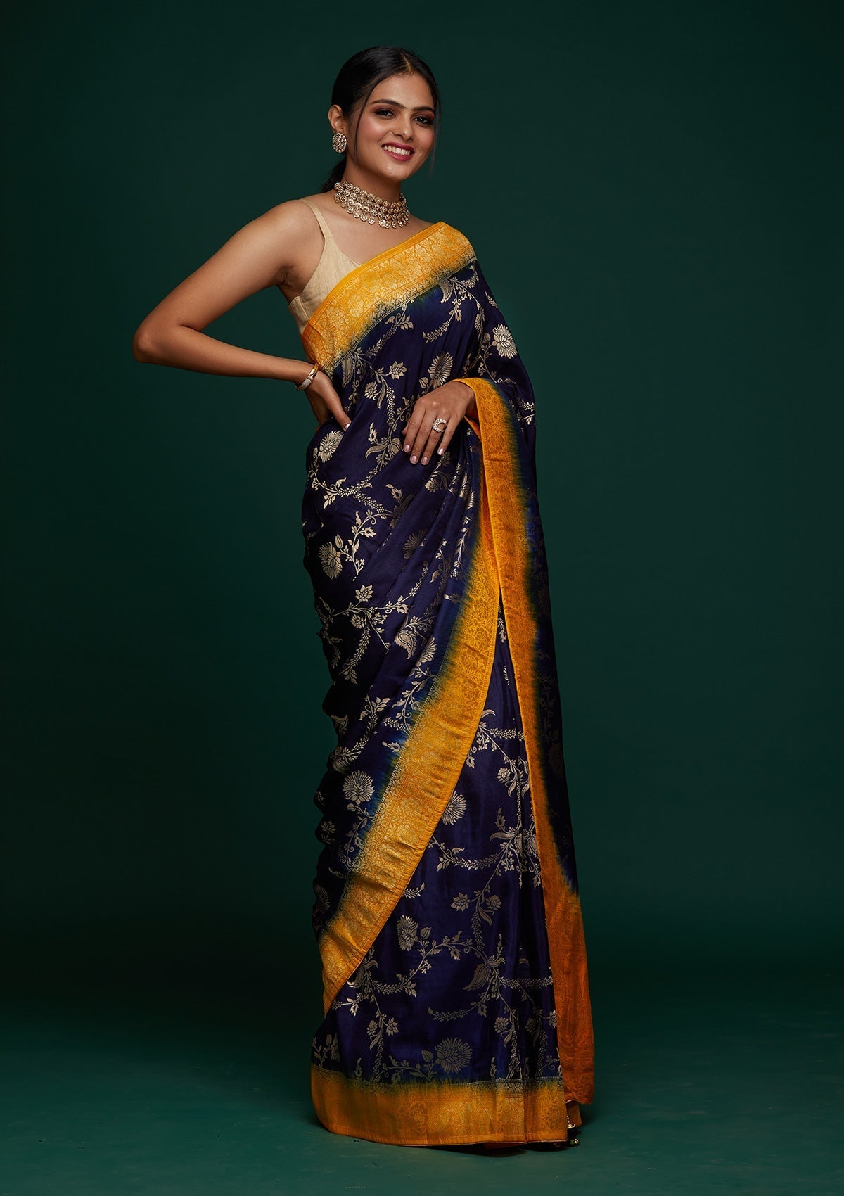 Navy Blue Zariwork Raw Silk Designer Saree - Koskii