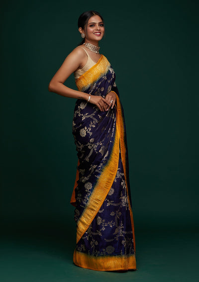 Navy Blue Zariwork Raw Silk Designer Saree - Koskii