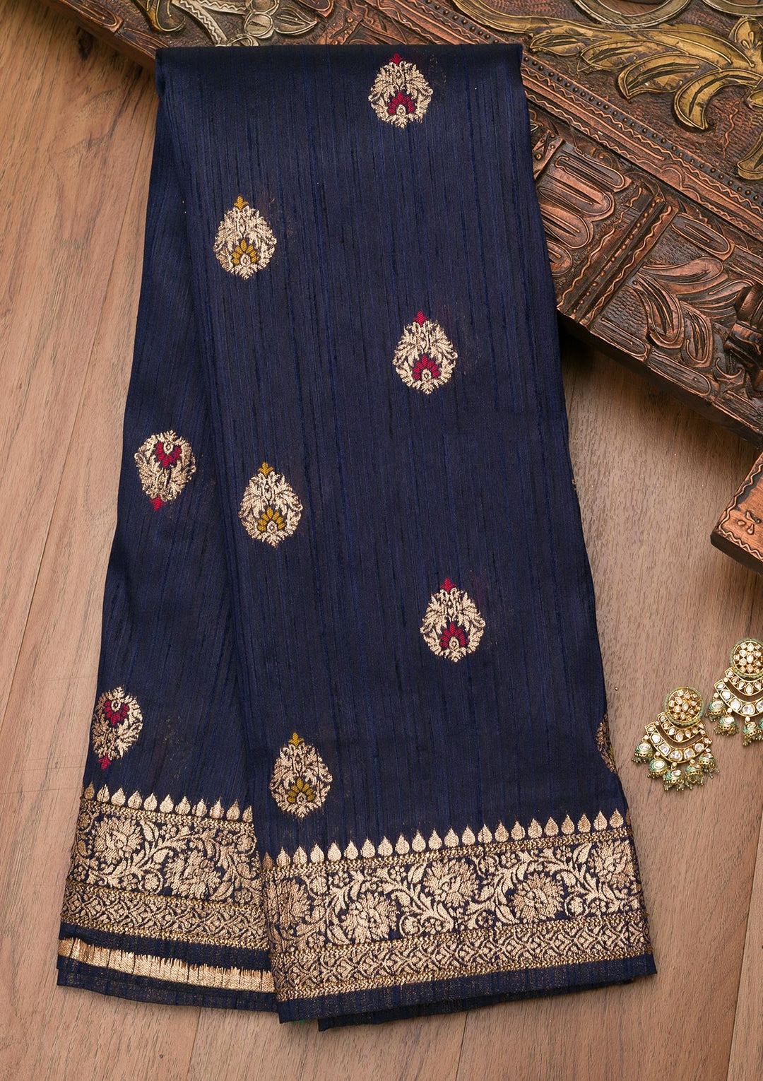 Navy Blue Zariwork Raw Silk Saree-Koskii