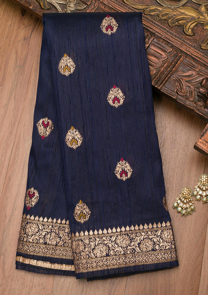 Navy Blue Zariwork Raw Silk Saree-Koskii